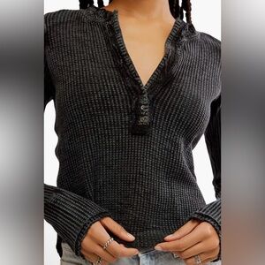 Free People One Colt Long Sleeve Henley - Washed Black - Size Small